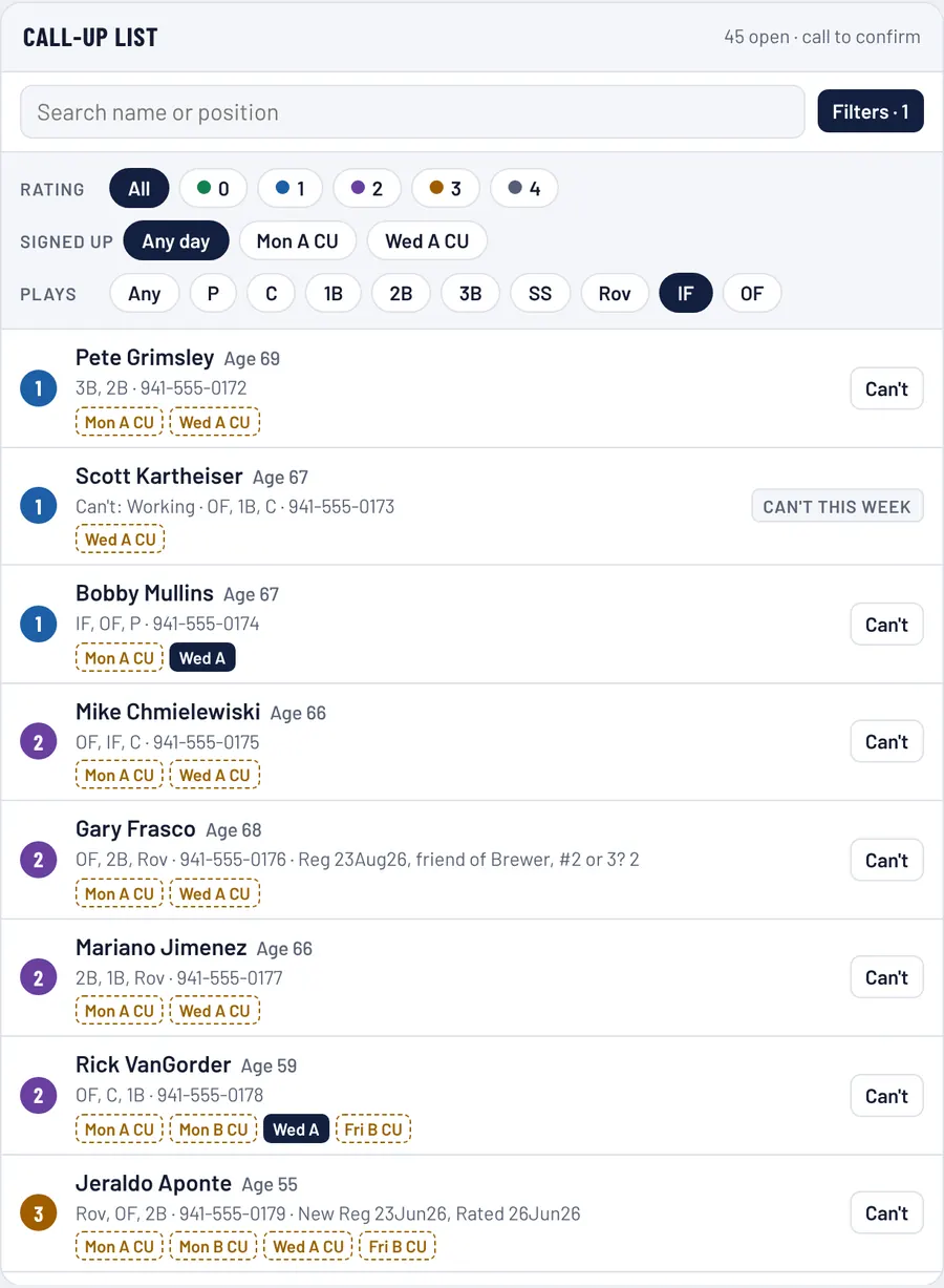 Call-up list with Rating, Signed up and Plays filters